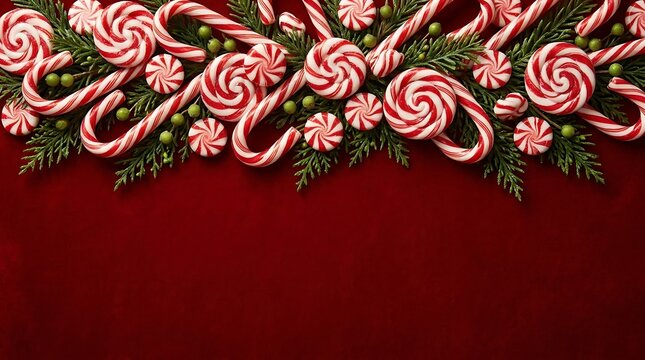 Festive christmas background featuring a border of peppermint candy canes and swirl lollipops on a deep red surface