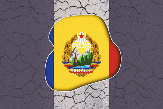 Romania Socialist Flag with National Emblem Emerging from a Cracked Dry Ground Texture Symbolizing Historical Collapse and Past Regimes