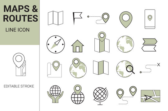 Maps and Routes Line Icon Set with Editable Stroke.


