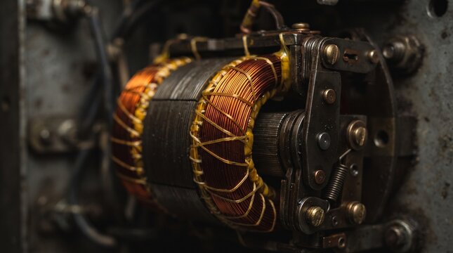 Old vintage electric motor with copper wire coils and metal housing