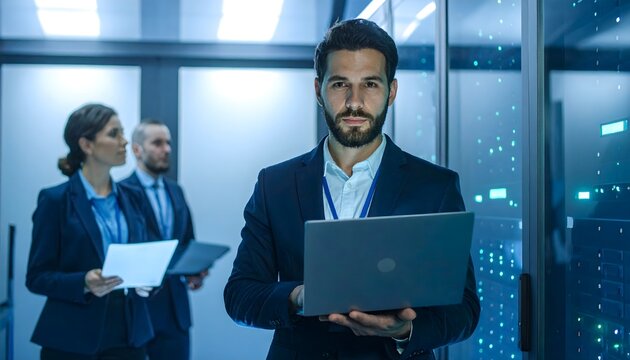 Professional IT specialist working with a laptop in a modern server room environment.