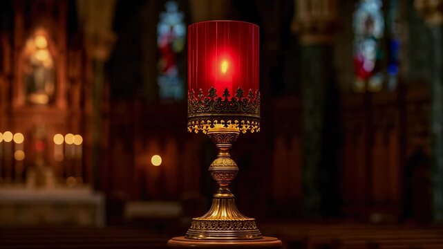 Red sanctuary lamp glowing near empty tabernacle in dark church
