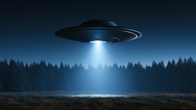 Ufo hovers over forest at night shining beam