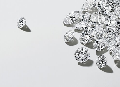Brilliant cut diamonds scattered on white surface