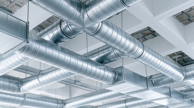 Industrial ceiling ventilation ducts and pipes in modern