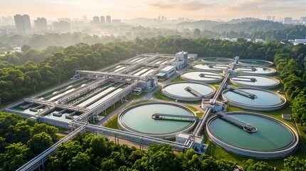 Obraz premium Aerial view of industrial water treatment plant with circular sedimentation tanks surrounded by lush green forest landscape during misty sunrise in sustainable urban infrastructure development
