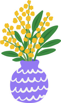 Cute yellow mimosa flowers in a purple wavy pattern ceramic vase vector illustration isolated on transparent background.