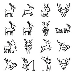 Fototapeta premium Cute reindeer vector icon set featuring cartoon deer in various poses, Christmas holiday activities, and winter designs in outline style