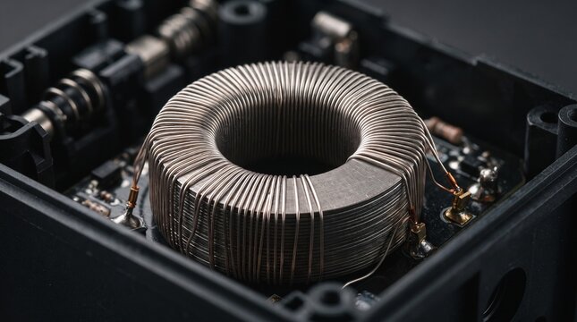 Copper wire wound toroidal transformer inside electronic device casing