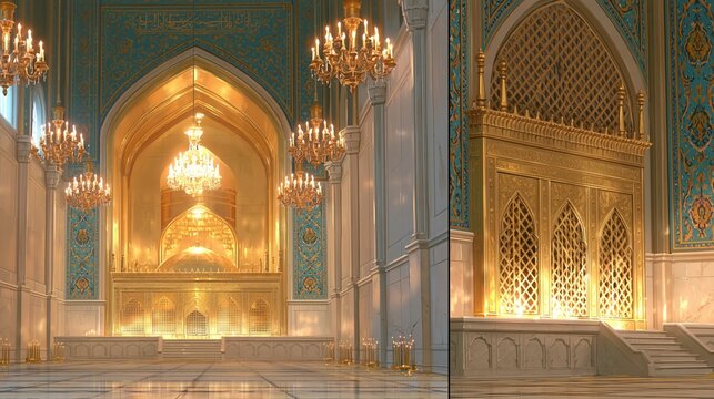 Glowing golden mosque interior with ornate chandeliers and