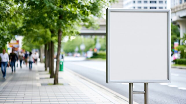 Blank signboard on busy city street with pedestrians