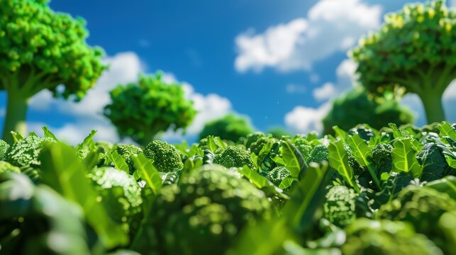 Broccoli plants grow in a lush agricultural field under a clear blue sky filled with bright fluffy clouds during the day.