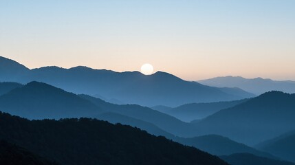 Fototapeta premium Full moon rises above layered mountain silhouettes