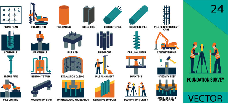 Set of 24 deep foundation piling construction icons editable vector illustration drilling rig pile casing cap survey concrete steel reinforcement
