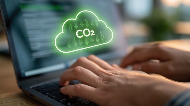 Hands typing laptop with green cloud CO2 symbol