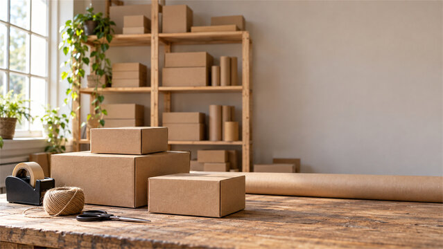 Kraft cardboard boxes, tape, twine and scissors on a rustic wooden workbench