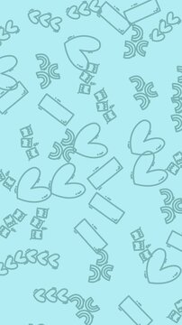 Design with heart shapes, rectangles, squiggly lines, and repeating icons on a light blue background. Perfect for backgrounds, prints, and digital designs.