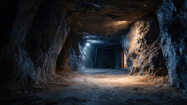 miner. An empty underground mine tunnel with rough rock walls lit by a single helmet light. safety posters, maintenance manuals, designed for industrial assembly lines and welding operations.