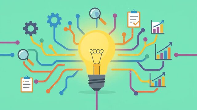 Glowing light bulb icon connected to integrated circuit lines and mechanical gears against minimalist flat digital background representing technological innovation and creative digital ideas