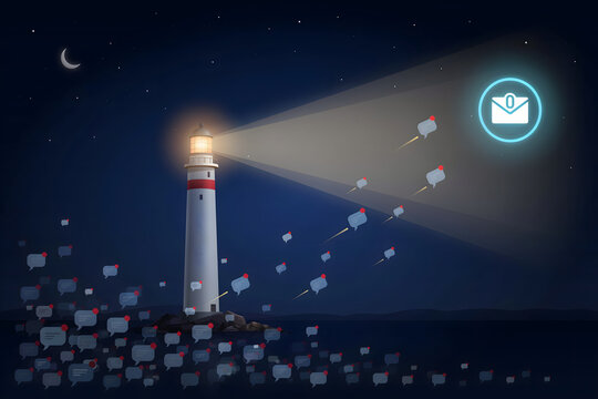 A lighthouse at night shining a beam of light towards a glowing email notification while surrounded by floating message bubbles in the sky