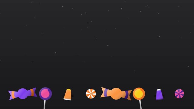 Halloween candy banner border with colorful sweets lollipops and candy corn on dark starry night sky background