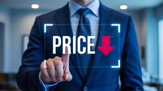 Price Reduction Concept with Businessman Pressing Digital Interface, Red Down Arrow and Modern Office Background