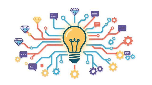 glowing yellow light bulb icon as metaphor for innovation glowing against white background with abstract digital circuitry patterns spreading outward from the center