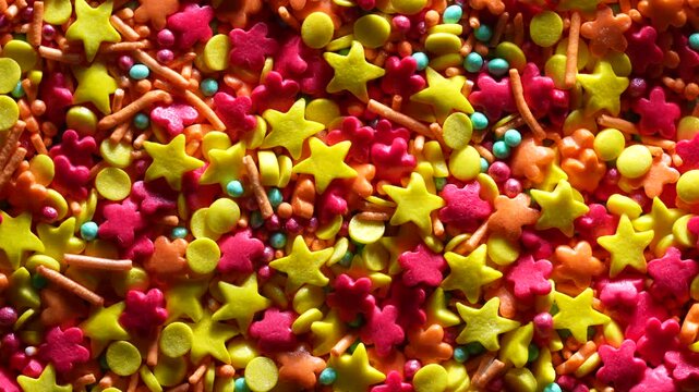 Bright mix of colorful sugar sprinkles in various shapes and sizes top view vibrant background ideal for baking decoration dessert design party and food branding concepts, close up, rotates