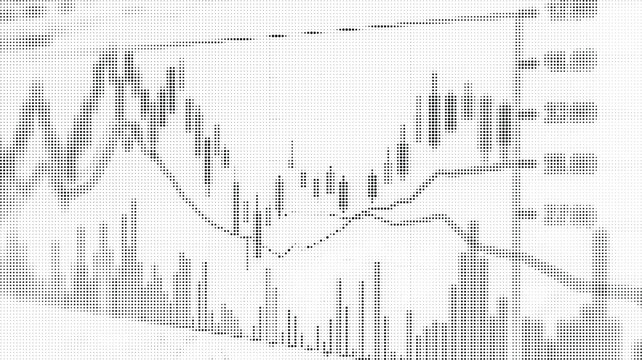 Abstract financial candlestick chart pattern with halftone dot effect on white background