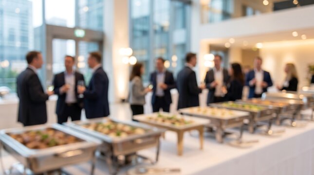 Blurred professional corporate reception featuring catering service and business people networking in modern office lounge with bright windows and contemporary conference event atmosphere