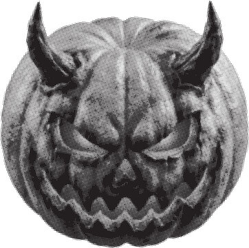 Monochrome halftone dotted illustration of an evil demonic jack o lantern with horns. Scary halloween pumpkin graphic. Vector minimalist background.