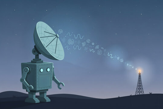 A retro robot with a satellite dish head stands in a dark field at night, transmitting radio wave symbols towards a distant radio tower