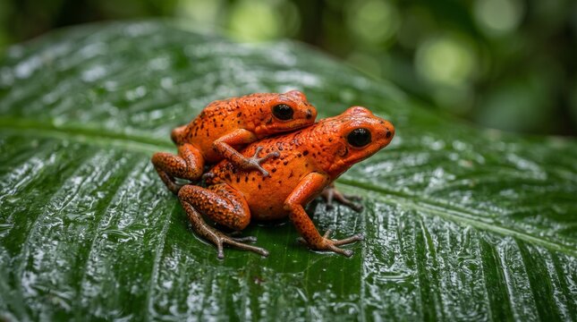 Vibrant strawberry poison dart frogs mating on a lush green tropical leaf