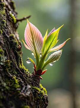 fresh green plant sprout with water drops growing on mossy tree bark