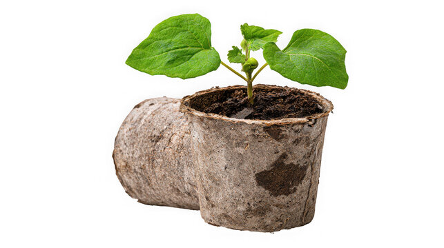 Seedling growing in a biodegradable peat pot next to an empty fiber pot on a transparent background represents sustainable home gardening practices.