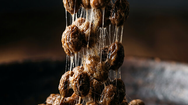 Sticky Fermented Soybeans with Stringy Texture, Japanese Natto Food Close-up