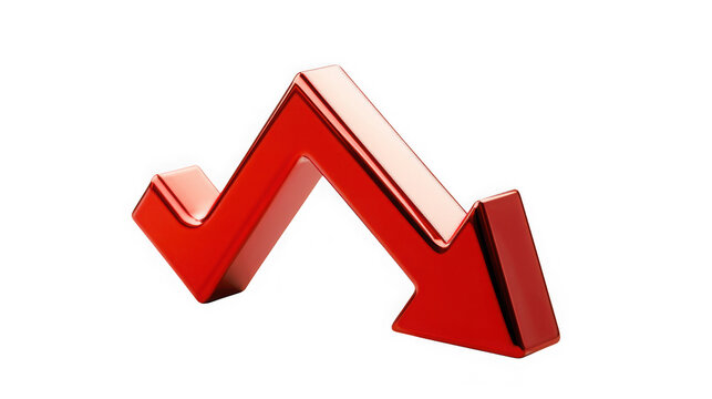 Red glossy arrow pointing downwards in a zigzag pattern to depict a financial market crash, economic recession, or drop in sales.