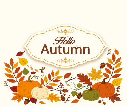 Hello Autumn greeting card with pumpkins and colorful fall leaves