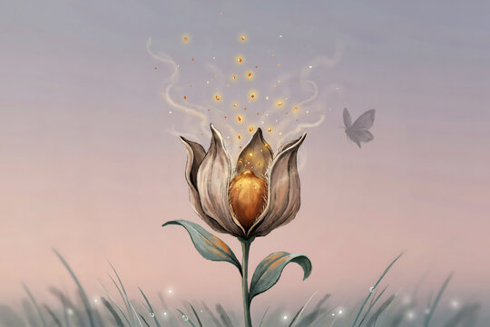 A single glowing flower blooming in a grassy field with golden light particles floating upwards and a butterfly flying nearby at twilight time