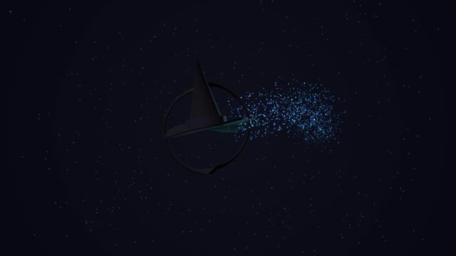 A generic 3D witch hat floats through a dark atmospheric space while leaving a glowing trail of particles that forms an abstract magical spiral pattern. Seamless fantasy animation with no human charac