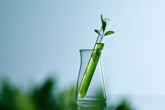 A vibrant green plant sprout grows from a test tube containing liquid