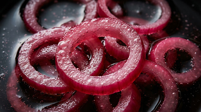 Pickled Red Onion Rings in Liquid - Close-up Food Photography