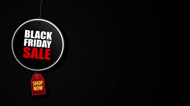 Black Friday sale motion background with a hanging sale sign, shop now tag, and copy space for retail promotions and advertising.