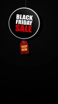 Vertical Black Friday sale motion background with a swinging black sale sign, red shopping tag, and large copy space for social media format.