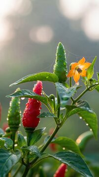 Vibrant chili plant with dew drops and orange flower