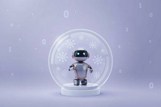 A small metallic robot stands inside a clear glass snow globe filled with snowflakes, set against a light purple background, with binary digits