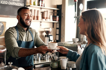 Giving, counter and man with customer in coffee shop for friendly service, order and hospitality....