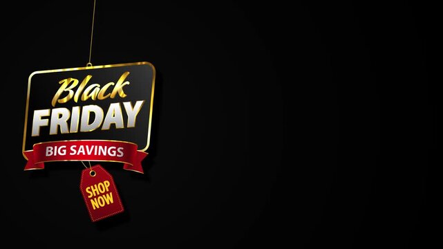 Premium Black Friday motion background with a luxury black and gold hanging sign, red ribbon, shop now tag, and spacious copy area for retail promotions.