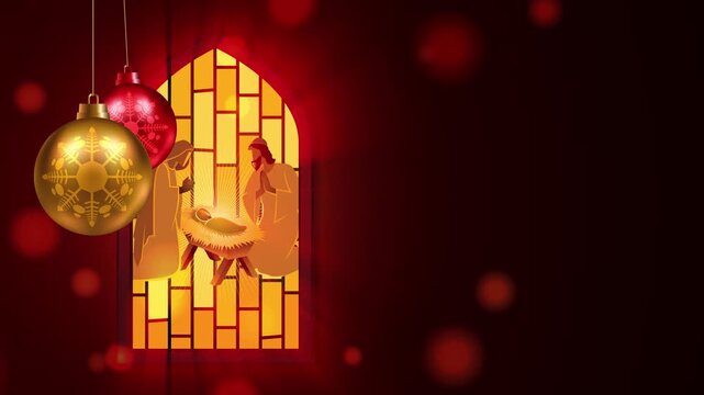 Elegant Christmas Nativity motion background with holy family, glowing church stained glass, hanging shiny ball ornaments and spacious copy space.