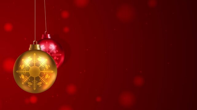 Elegant Christmas motion background with hanging gold and red ornaments, glowing bokeh particles and a rich red festive backdrop with copy space.